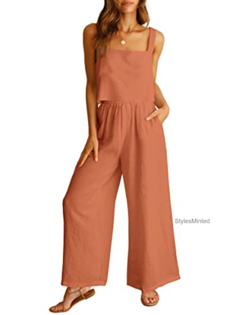 Linen Blend 2 Piece Set Sleeveless Crop Top Wide Leg Pants